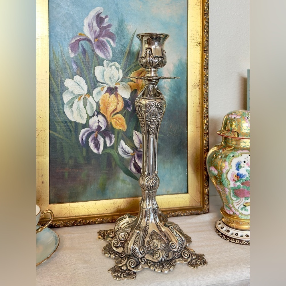 Vintage Silver-Plated Rococo Candlestick (11.5”) - Picture 4 of 9